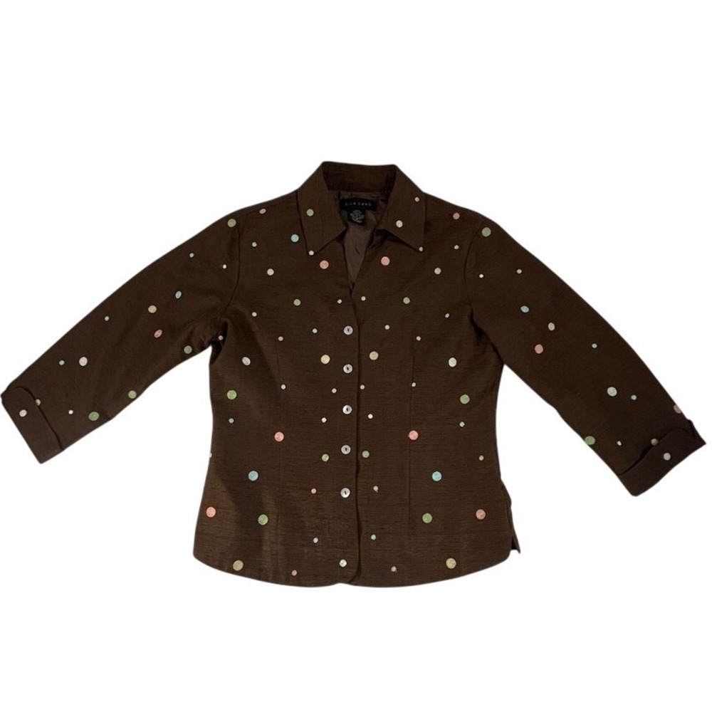 Silk Land 100% Silk Shirt Jacket S Brown Embroidered Polka Dot Y2K Whimsical